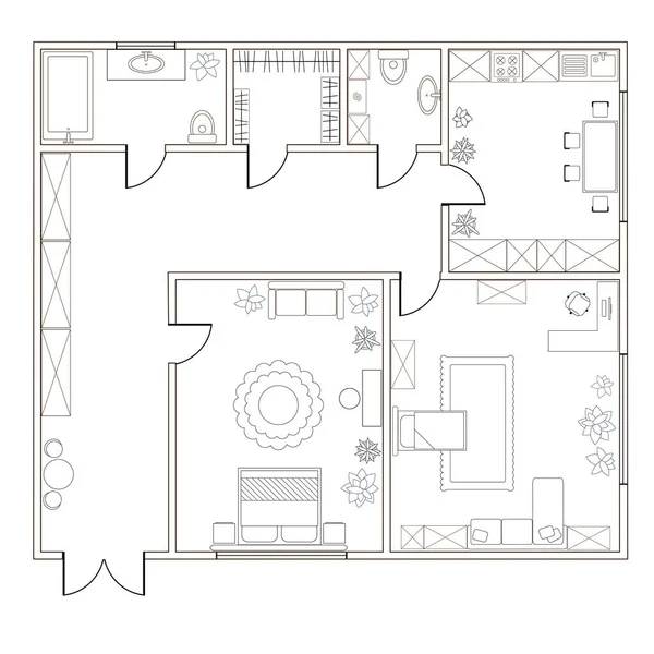 Piano Astratto Vettoriale Dell Appartamento Con Due Camere Letto — Vettoriale Stock