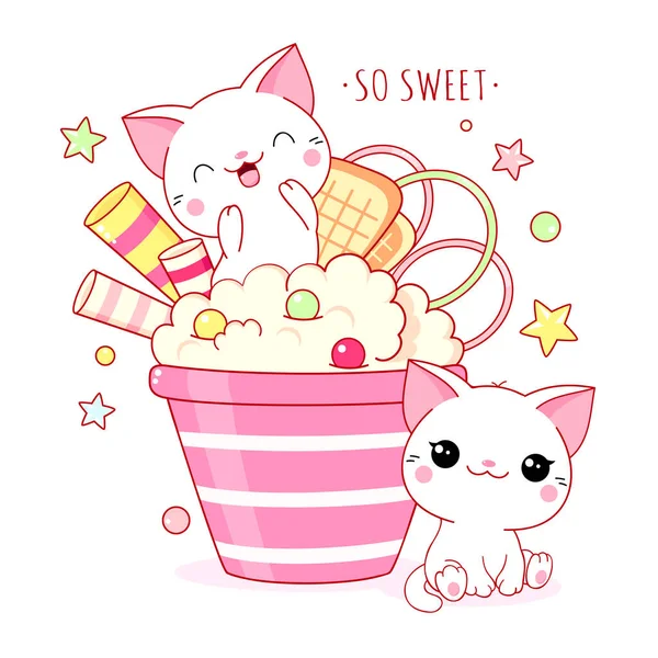 Leuke Yummy Kaart Kawaii Stijl Twee Schattige Katten Met Ijs — Stockvector