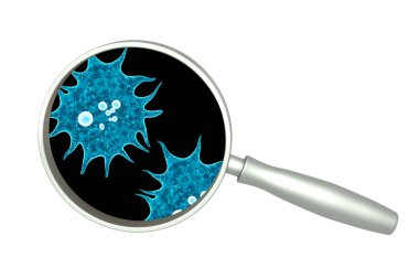 Büyüteç ve patojen bakterisi. Beyaz arka planda izole edilmiş. 3d hazırlayıcı