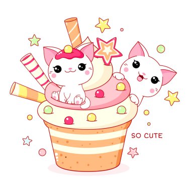 Kawaii tarzında şirin, lezzetli bir kart. İki sevimli kedi ve kek.