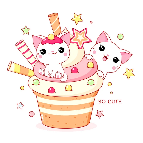 Cute Yummy Card Kawaii Style Two Lovely Cats Cupcake — Stock Vector