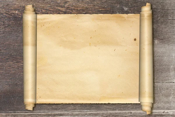 Scroll Van Oud Perkament Vintage Houten Plank Kopieer Ruimte Voor — Stockfoto