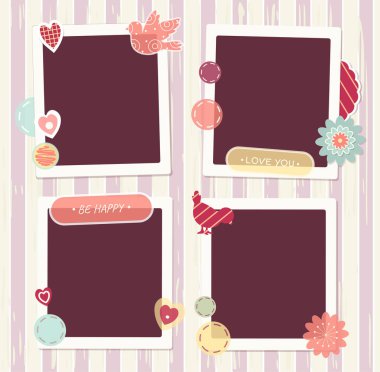 Eski fotoğrafları, çıkartmaları ve etiketleri olan eski sevgililer günü arkaplanı. Şablon oluşturun. Uzayı metin için kopyala. Tatil ya da düğün albümü tasarımı için kullanılabilir. Vektör illüstrasyonu EPS10