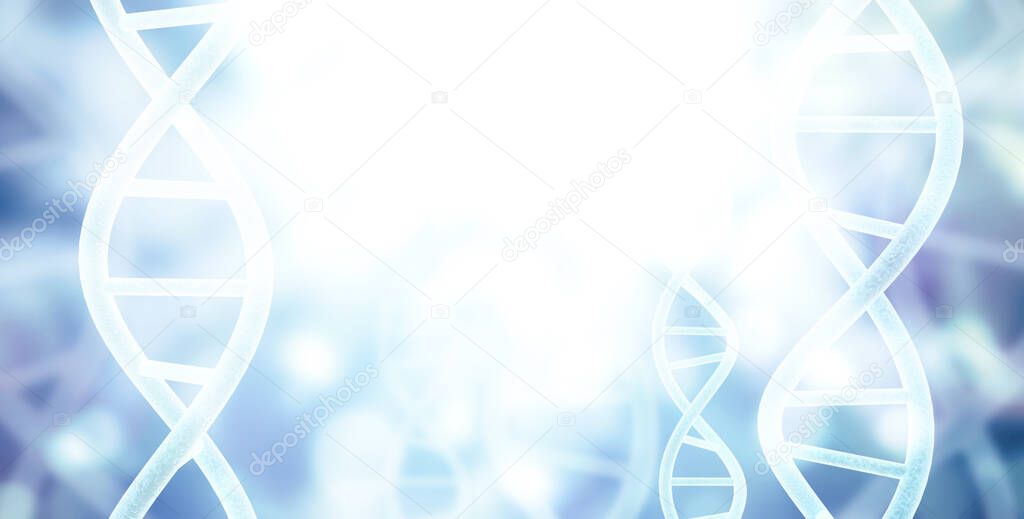 Digital models of DNA structure on abstract blue background. Horizontal scientific banner with spiral DNA. Copy space for text. 3d render