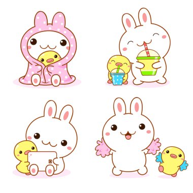 Bir çift kawaii tavşanı ve ördek yavrusu. Şirin ördek ve tavşan arkadaşlar.