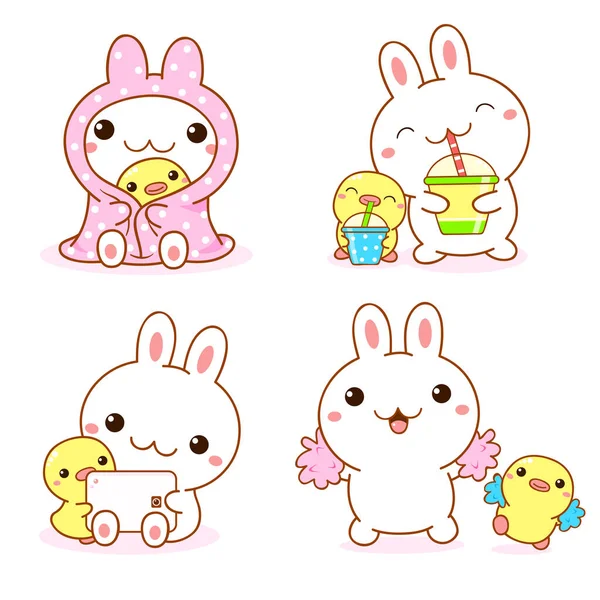 Set Kawaii Bunny Duckling Cute Little Duck Rabbit Friends — Stock Vector