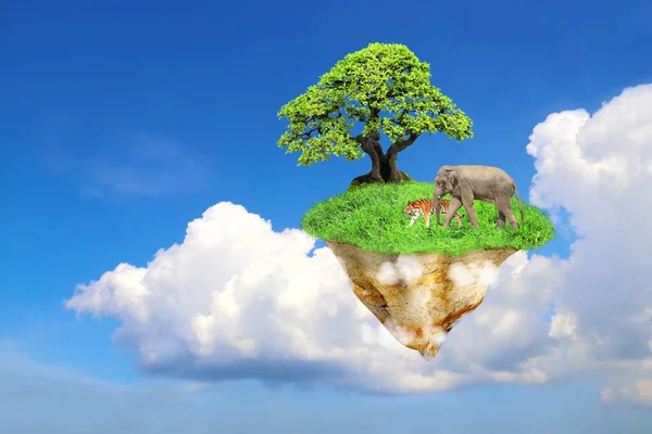 Nature reserve concept. Flying Island. Fantasy floating island with green grass, tree, wild animals - tiger and elephant. Conserve wildlife. Paradise concept. On blue sky background. 3d render