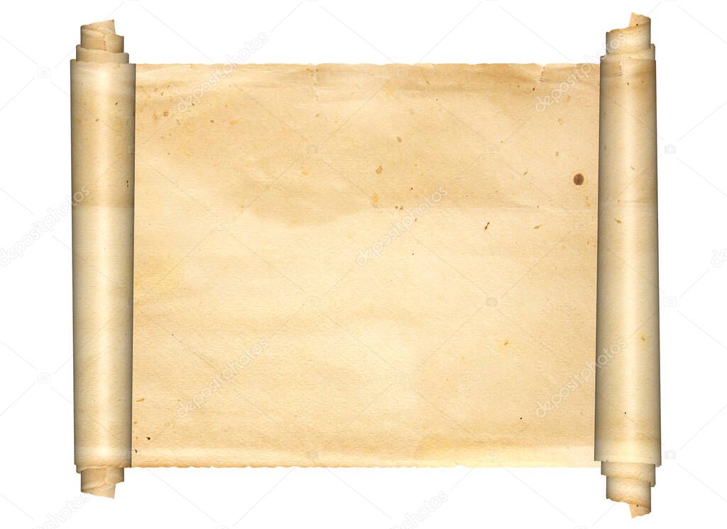 Scroll of old parchments. Isolated on white background. Copy space for your text. Mock up template. 3d render