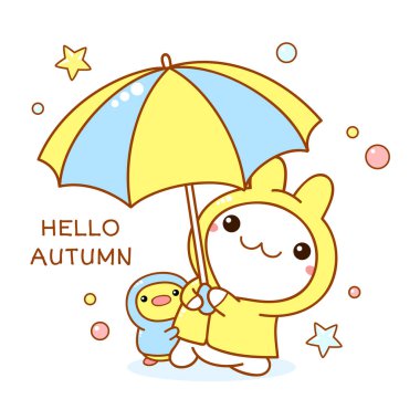 Yağmurluk giymiş, şemsiyeli şirin ördek ve tavşan arkadaşlar.