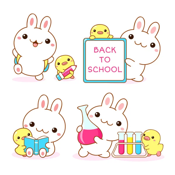 Retourne École Ensemble Lapin Canard Kawaii — Image vectorielle