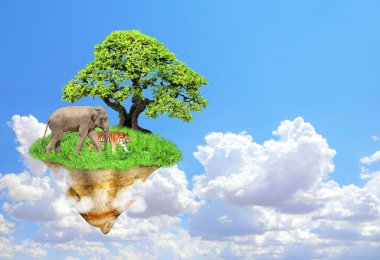 Doğa rezervi konsepti. Uçan Ada. Yeşil çimen, ağaç, vahşi hayvanlar, kaplan ve fil olan fantezi yüzen ada. Vahşi hayatı koru. Cennet konsepti. Mavi gökyüzü arka planında. 3d hazırlayıcı