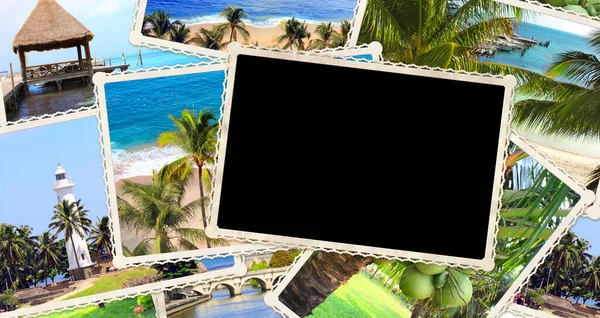 Vintage travel background with retro photos and blank photoframe. Horizontal banner with retro photos of palm, sand beach, ocean waves, lighthouse. Mock up template. Copy space for text