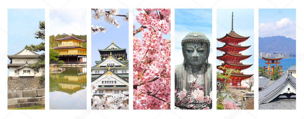 Set of vertical banners with landmarks of Japan.  Golden Pavilion in Kyoto, Great Buddha statue,  Floating Torii gate and Goju-no-to pagoda on Miyajima island. Sakura blossom season 