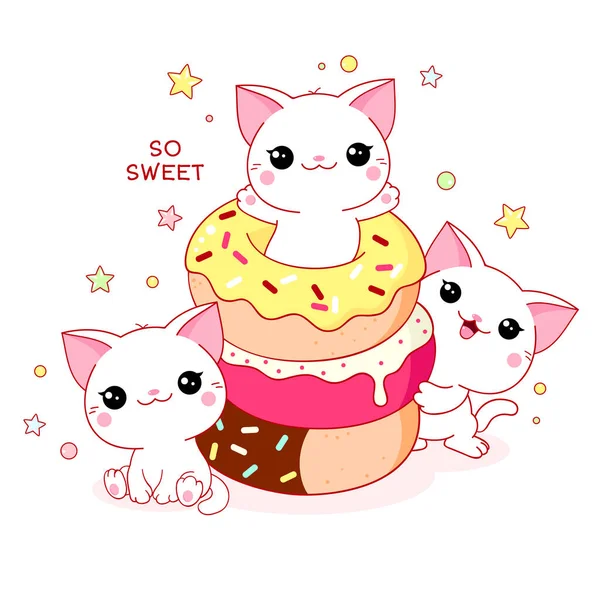 Niedliche Leckere Karte Kawaii Stil Drei Schöne Katzen Mit Donuts — Stockvektor