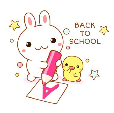 Okula dönelim. Kawaii tavşanı ve ördek yavrusuyla kart.