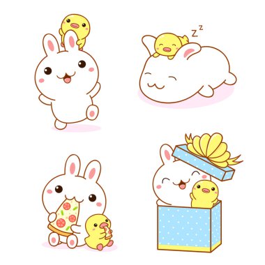 Bir çift kawaii tavşanı ve ördek yavrusu. Şirin ördek ve tavşan arkadaşlar.