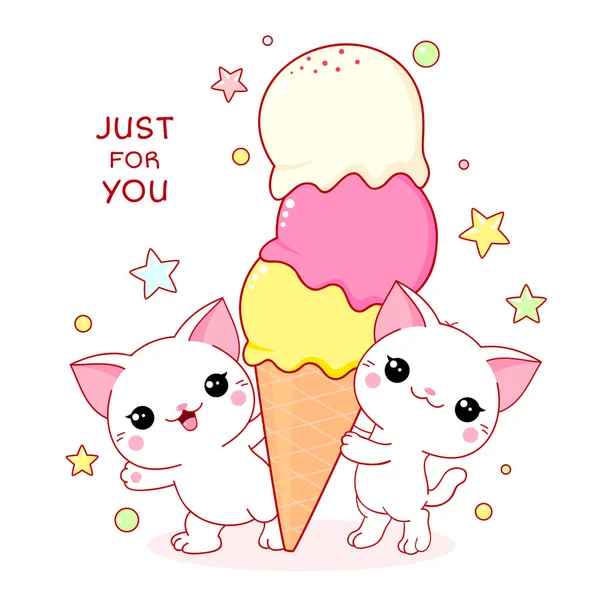 Bonita Tarjeta Deliciosa Estilo Kawaii Dos Gatos Encantadores Con Helado — Archivo Imágenes Vectoriales