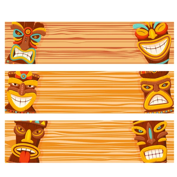 Set Horizontale Banners Met Hawaïaans Traditioneel Tribal Tiki Masker — Stockvector