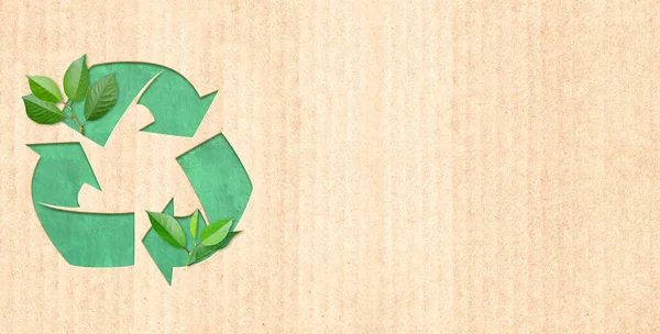 Setas Reciclar Símbolo Folhas Verdes Textura Papelão Banner Horizontal Com — Fotografia de Stock