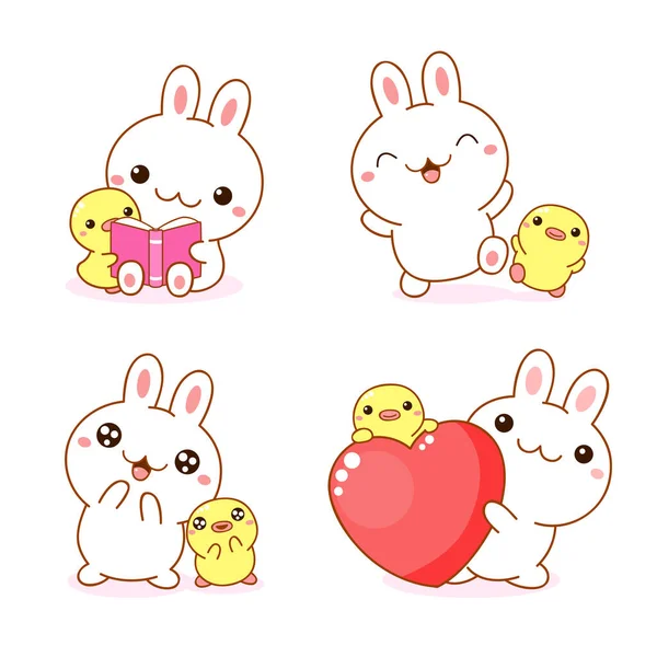 Set Kawaii Bunny Duckling Cute Little Duck Rabbit Friends — Stock Vector