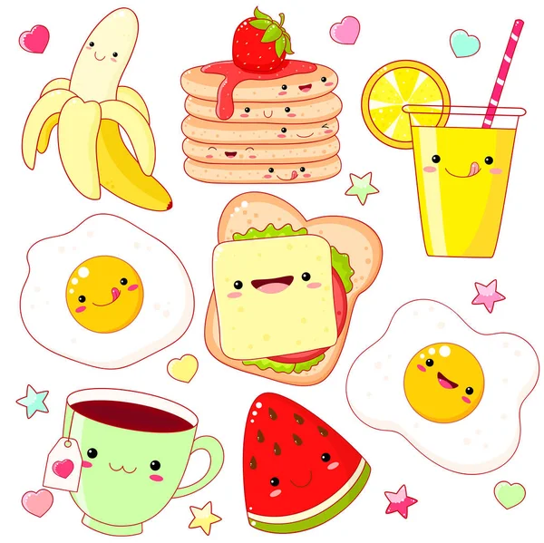 Ensemble Icônes Nourriture Petit Déjeuner Mignon Dans Style Kawaii — Image vectorielle