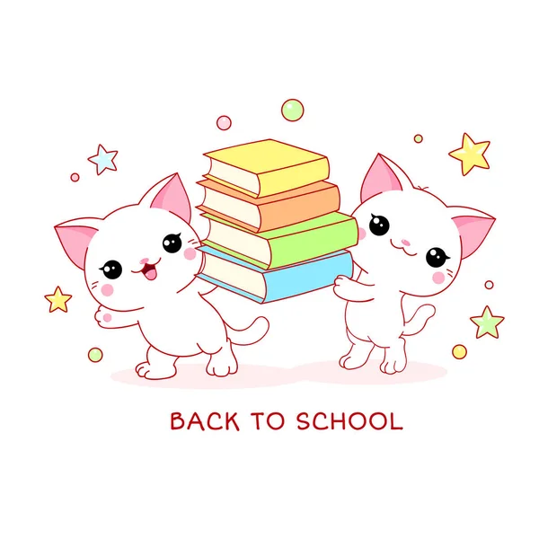 Back School Two Cute Little White Cats Books Kittens Read — Stock Vector