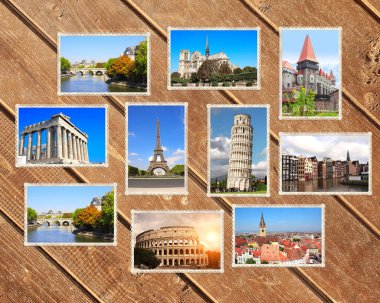 Eski ahşap tahtaların üzerinde Avrupa 'nın simgelerinin eski resimlerinin olduğu klasik seyahat geçmişi. Paris 'teki Eyfel Kulesi, Pisa Kulesi Roma' daki Colosseum, Amsterdam 'daki eski evler.