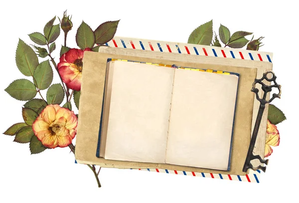 Tarjeta Postal Antigua Llave Vintage Pequeño Libro Abierto Con Páginas —  Fotos de Stock