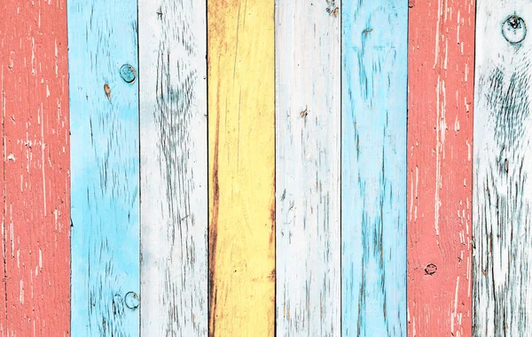 用白色 黄色和蓝色的易碎油漆制成的老式木板的结构 带有旧木板的水平复古背景图 — 图库照片