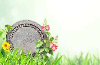 Tropik bitki yaprakları, lianalar, çiçekler ve yuvarlak taşlı yatay pankart. Orman bitkisiyle dış sınır ve metin için uzayı kopyalamak. Doğanın arka planında orman taşı işareti. Şablonu düzenle