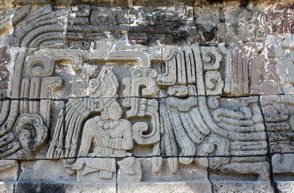 バス救済アメリカ合衆国のインドの首長 コロンビア前マヤ文明 羽の蛇の神殿の彫刻Xochicalco メキシコで過ごした ユネスコ世界遺産 — ストック写真