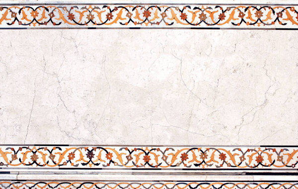 Horizontal background with ancient decorative mosaic on marble, India. Horizontal banner with decorative stone ornament. Mock up template. Copy space for text