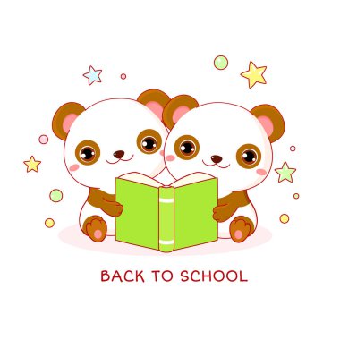 Back to school. Two cute little pandas with book