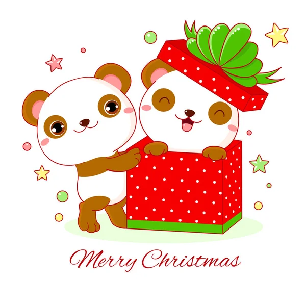 Square Greeting Xmas Card Kawaii Pandas — Stok Vektör