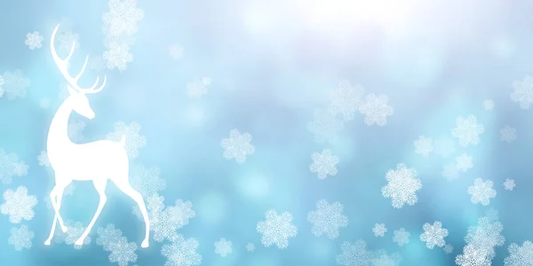 Jul Bakgrund Blå Färg Med Snöflingor Och Rådjur Silhuett Horisontell — Stockfoto