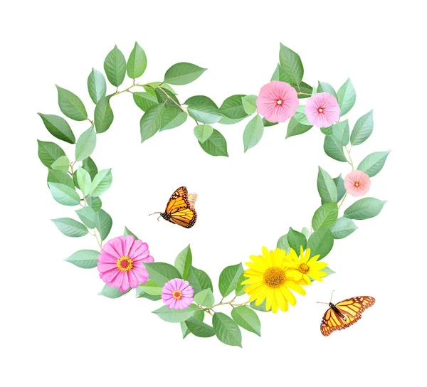 Biologie Ekologie Srdce Větví Květinami Zelenými Listy Dvěma Motýly Izolováno — Stock fotografie