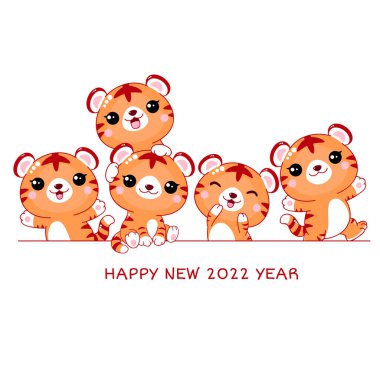 Mutlu 2022 seneleri. Kawaii tarzında sevimli kaplanlarla yatay sınır. Beyaz arka planda izole edilmiş. Tişört, poster, baskı ve kart tasarımı için vektör çizimi. EPS8