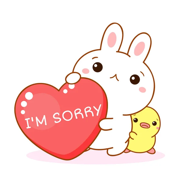Unhappy Kawaii Bunny Duckling Heart Inscription Sorry — Stock Vector