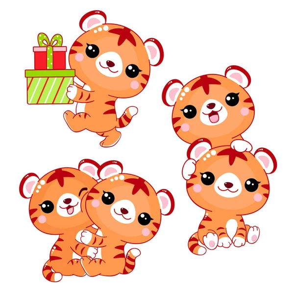 Conjunto Tigres Kawaii Coleção Desenhos Animados Filhotes Tigres Bonitos Com —  Vetores de Stock