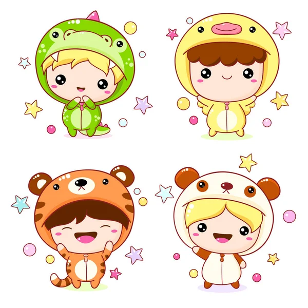 Conjunto Niños Niñas Kawaii Disfraces Animales — Vector de stock