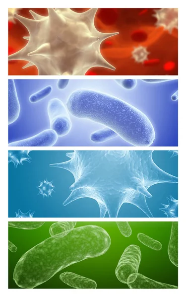 Coleção Banners Horizontais Com Bactérias Patogênicas Vírus Renderização — Fotografia de Stock