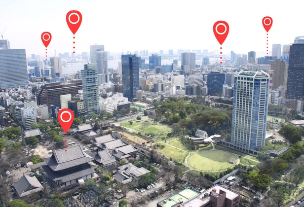 Koncept Síťového Připojení Letecký Pohled Tokio Červenou Lokací Mapa Kolíku — Stock fotografie