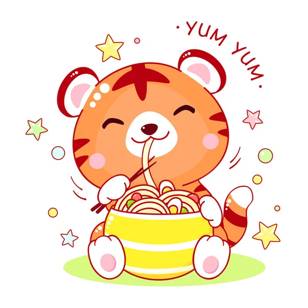 Mignon Tigre Manger Des Nouilles Ramen — Image vectorielle