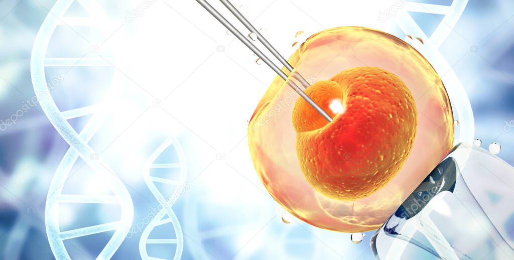 Genetic engineering, GMO and gene manipulation concept. Hi Tech technology in field of genetic engineering. Cellular Therapy. Horizontal banner with copy space for text. 3d render