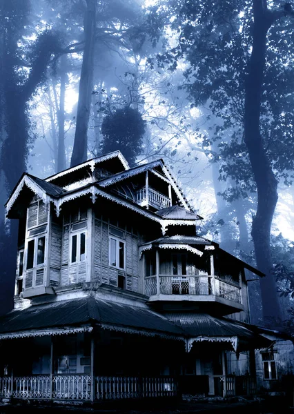 Vertical Halloween banner with haunted house. Old abandoned house in the night forest. Scary colonial cottage in mysterious forestland. Photo toned in blue color