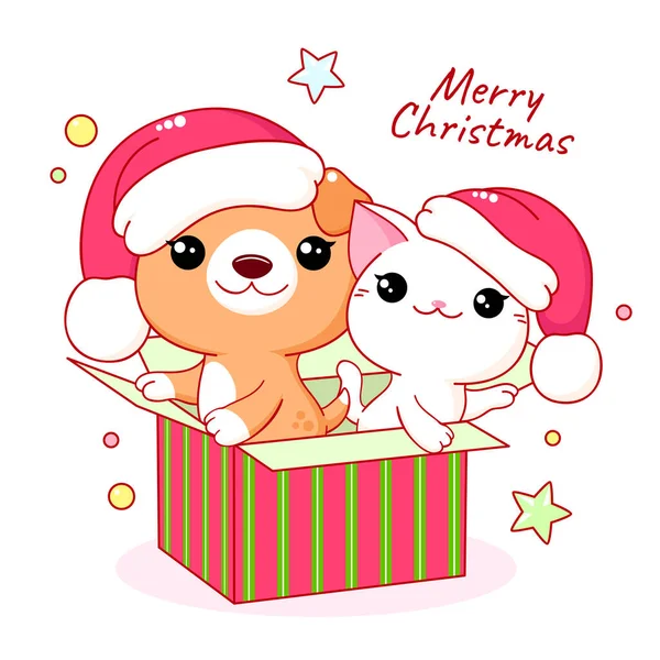 Kawaii Pequeño Gato Cachorro Caja Regalo Feliz Tarjeta Navidad — Archivo Imágenes Vectoriales