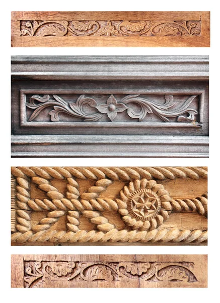 一套水平或垂直的边界与木雕花卉饰物 木制表面上古老的雕塑架 — 图库照片