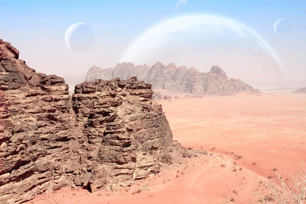 砂の砂漠 岩や空の惑星と幻想的な風景 3Dレンダリングこの画像の構成要素はNasa社製 — ストック写真