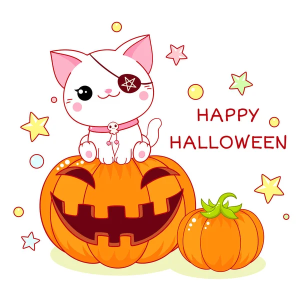 Feliz Halloween Tarjeta Felicitación Halloween Con Gato Kawaii Calabaza — Vector de stock