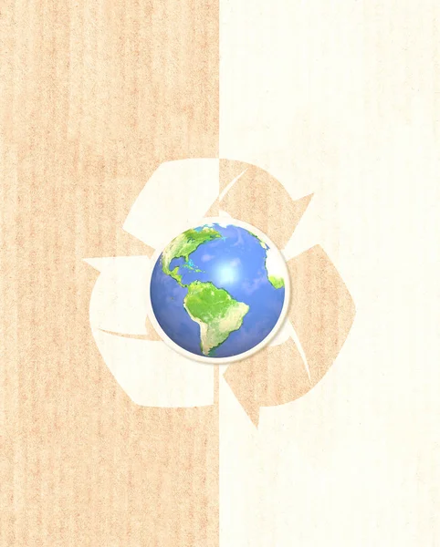 Planeta Tierra Flechas Reciclan Símbolo Textura Cartón Rayado Banner Vertical —  Fotos de Stock